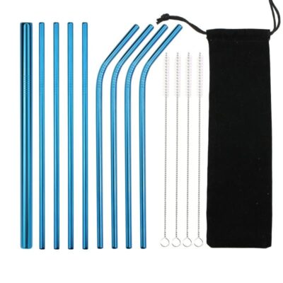 Lot de 9 Pailles Bleu en Inox